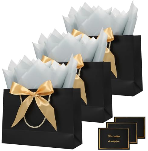 3 Pack Black Gift Bags For Presents Medium Gift Bags With Bow Ribbon,Tissue and Card For Birthday Wedding Graduation Party Celebration Present