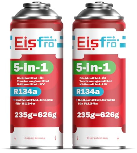Eisfro - 5in1 - Air Conditioning Recharge R134a x2, 235 g for Car Air Conditioning Systems – Contains Oil, Sealant, UV Dye and Desiccant – Protects the Compressor