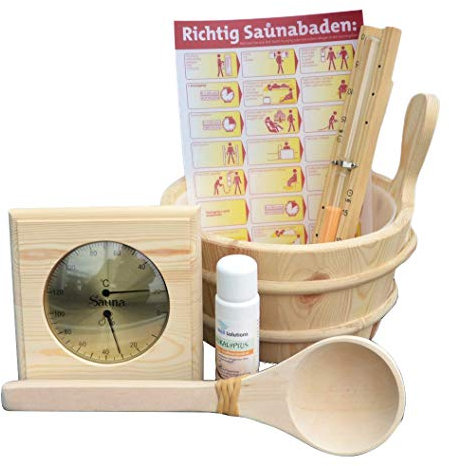 WelaSol® SAUNA SET 7tlg: Kübel ca. 4 Liter, Kunstoffeinsatz, Kelle, Sanduhr, Thermo-/Hygrometer mit Holzrahmen, Aufgusskonzentrat 100ml