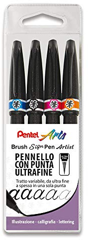 Pentel SESF30C Brush Sign Pen Artist punta de pincel extra fina bolsillo 4 unidades (negro, naranja, rosa, azul)