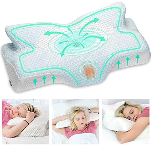 Elviros Cuscino in Memory Foam Ortopedico Cervicale per Dolore al Collo Cuscino Ergonomico per Dolore alla Spalla Cuscino di Sostegno del Collo, Blu,64 x 12.5/10.5 x 38 cm