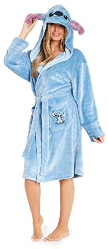 Disney Lilo & Stitch Bademantel Damen, Morgenmantel Damen Stitch, Fleece Bademantel mit Kapuze, Hausmantel Damen und Teens S-XL (S, Blau)