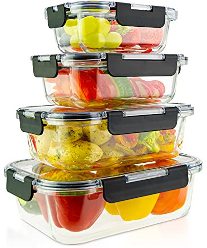 edallo® 4 boites de Conservation Alimentaire en Verre avec couvercles Tritan® - Adaptés au Lave-Vaisselle, Four, Micro-Ondes, congélateur - Récipients de Cuisine - 370ml, 640ml, 1040ml, 1520ml