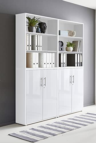 Schrankwand TABOR 11 Büroregal Aktenschränke Büroschrank abschließbar in diversen Farbvarianten (weiß/weiß Hochglanz)