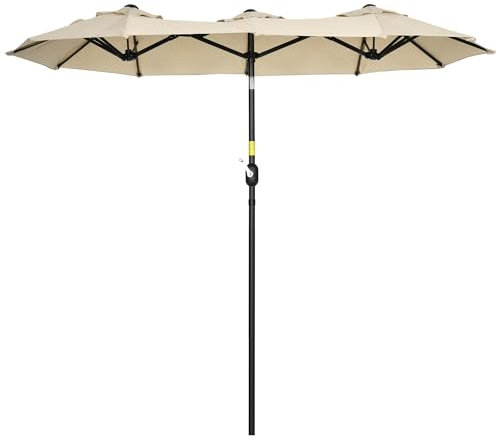 Outsunny Doppelsonnenschirm, 285x147cm Gartenschirm mit Handkurbel, Metallstange, oval Marktschirm mit Winddach windfest, Doppelsonnenschirm mit verstellbarem Neigungswinkel, für Terrasse, Pool Khaki