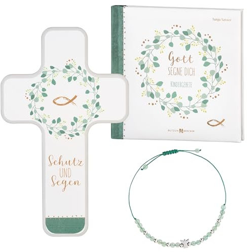MaMeMi Kommunion GESCHENKSET MÄDCHEN – Mit HOLZKREUZ „Schutz und Segen“, KINDERGEBETSBÜCHLEIN & Armband mit Aventurin-Perlen & Engel – EDLES KOMMUNIONSGESCHENK Markenqualität