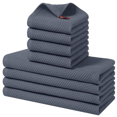 Homaxy 100% Cotton Kitchen Towels and Dishcloths Set, 12 x 12 Inches and 13 x 28 Inches, Set of 8 Bulk Kitchen Towels Set, Ultra Soft Absorbent Dish Cloths for Washing Dishes, Dark Grey