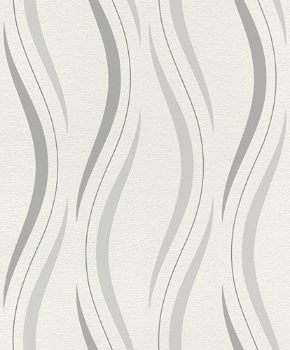 Rasch Wallpaper 476514 - Light Non-Woven Wallpaper with Wave Pattern in Light Grey and Grey - 10.05 m x 0.53 m (L x W)