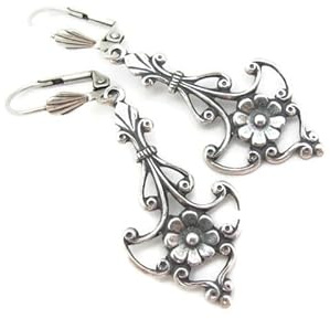 Art Deco Flower Earrings Antiqued Silver-tone Wedding Gift Prom Art Nouveau Style