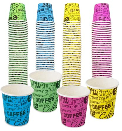 COFFISANO 200 vasos de café de colores | Vasos de cartón de 75 ml para expreso, té, bebidas desechables, reciclables, para restaurantes, oficinas, comidas y bares