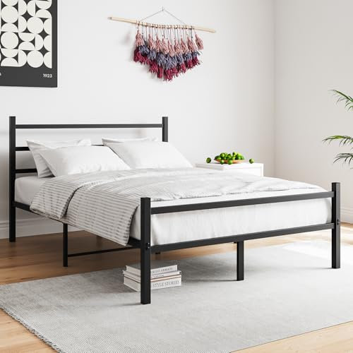 FOUBAM Bettgestell 120x200,Metallbett Gästebett Bettgestell aus Metall,Bettrahmen Doppelbett/Einzelbett mit Lattenrost,Modern Gästebett Jugendbett für Schlafzimmer Gästezimmer, Bett Schwarz