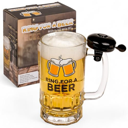 MIJOMA Bicchiere da birra con campanello Ring for a Beer – Divertente bicchiere con campanello per bicicletta sul manico per gli amanti della birra, 500 ml