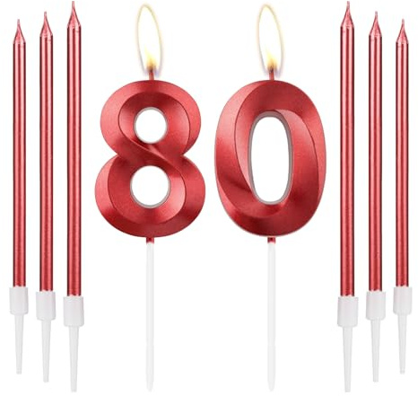 mciskin Velas rojas de 80 cumpleaños, diseño 3D, vela número 80 para pastel con 6 velas largas y finas, decoración roja para tartas para mujer, suministros de decoración de 80 cumpleaños, decoraciones