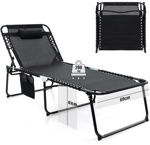 COSTWAY Sonnenliege mit Kopfstütze und Seitentasche, hohe Sitzhöhe, 69 cm breit, klappbare Gartenliege mit Verstellbarer Rückenlehne, Strandliege bis 200 kg belastbar, Liegestuhl für Garten (Schwarz)