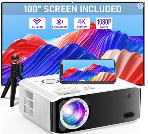 [Electric Keystone 6D/4P] Projector 4K Supported, 2024 Upgraded 18000L Native 1080P 5G WiFi Bluetooth, 50%-100% Zoom, Mini Projector with Tripod for iOS/Android/TV Stick