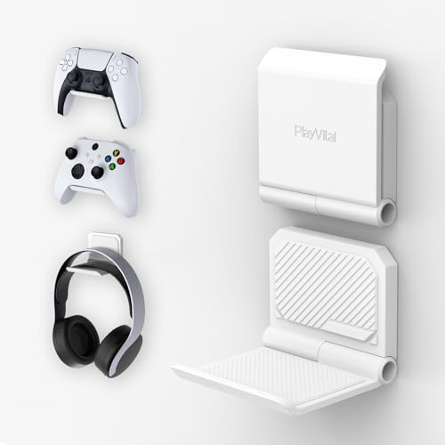 playvital Support pour ps5 Manette/Console/Casque Mural,Porte pour ps4 Controller Stand Holder pour Nintendo Switch Pro pour Xbox Wireless Headset,Fold Socle Base 2 PCS-Blanc