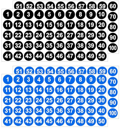 Ehuihuan Números Adhesivos 20 Hojas, Pegatinas de Números Adhesivos 1-100, Pegatinas Numeradas Impermeables 25mm para Organización e Inventario, Negro + Azul