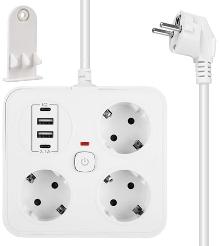 Grenuttag med USB, 3-vägs flera uttag med 2USB-anslutning (5 V/3,1 A), 7-i-1 grenuttag med strömbrytare uttagsadapter med 2 m förlängningskabel för kontor hem och resor vit