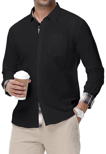 HMIYA Herren Baumwolle Hemd Langarm Stretch Herrenhemd Karokragen Regular Fit Businesshemd Bügelleichtes Freizeithemd,Schwarz,L