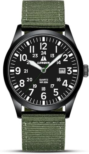 LN LENQIN Herrenuhren Analog Quarzuhren mit Nylonbändern 30M wasserdicht Armbanduhren für Männer leichte einfache Feld Uhren mit Datum (Grün Schwarz Schwarz)