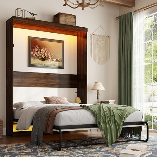 Hlivelood Queen Size Murphy Bed with 2 LED Lights, Farmhouse Wood Hidden Foldable Wall Bed Frame w/Gas Struts, Storage Bed Cabinet for Bedroom, Office, Space-Saving, No Box Spring Needed, Rustic White