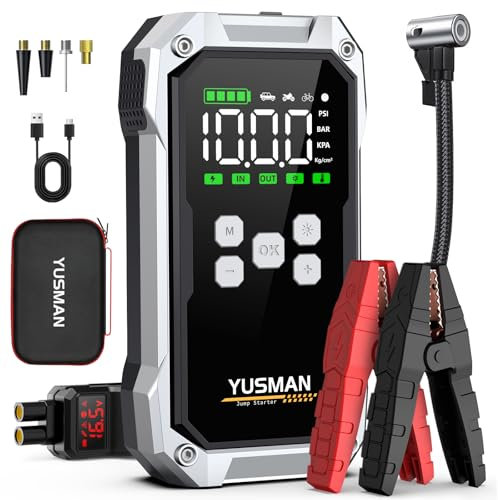 Jump Starter Power Pack with Air Compressor, 7000A 150PSI Portable Car Battery Booster (All Petrol/10L Diesel), 12V Car Jump Starter Power Bank with Jump Leads, LCD Screen, 2 LED Light