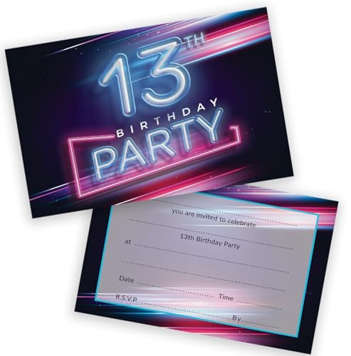 Stuff4 Lot de 20 invitations pour fête d'anniversaire 13 ans pour adolescents – Lumières néon disco – Invitations d'anniversaire pour garçons/filles A6 avec enveloppes pliantes