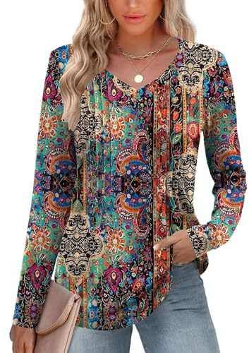 EFFAN Womens Tops Ladies Casual Long Sleeve Blouse Soft V Neck Shirt Fall Loose Fit Pleated Tunics Tops, Vintage Nation, M