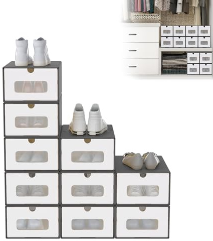 UISEBRT Set di 10 scatole, Scatola per scarpe impilabile, Scatola di conservazione con cassetti e finestra trasparente, Scatola per scarpe organizzativa per camera dei bambini, ufficio, soggiorno
