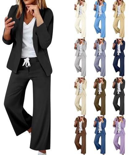 Tailleur Donna Eleganti Curvy Completo 2 pezzi Pantaloni e Giacca Cerimonia Tuta Completa Elegante Business Completi di Pantalone Gamba Larga e Blazer Maniche Lunghe Tinta Unita per Matrimoni e Feste
