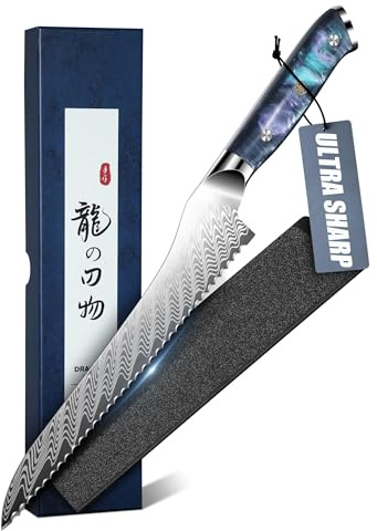 DRAGON RIOT Brotmesser mit Wellenschliff, Edelstahl-Brötchenmesser mit Resin-Griff & Scheide zum Schneiden von selbstgemachtem Brot, handgeschliffenes Brotschneidemesser für Kuchen, Bagels, Baguettes