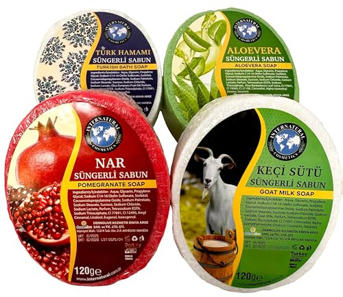 Handmade Exfoliating Sponge Soap Set - A Natural and Refreshing Cleaning Experience with Aloe Vera, Turkish Bath, Goat Milk, Pomegranate (Set of 4)
