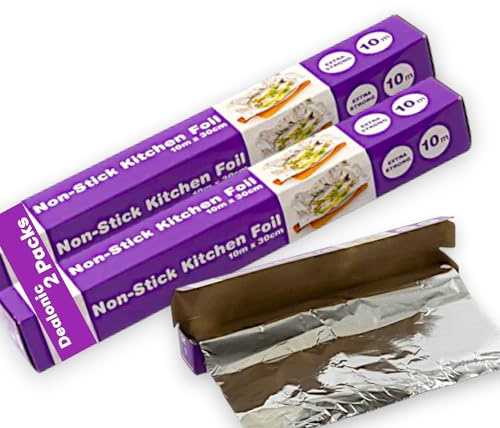 Premium extra stark non-stick aluminiumfolie 2-pack 10 m x 300 mm slitstark köksfolie för grill, matförpackning, bakning, matlagning och catering inomhus/utomhusbruk Dealonic