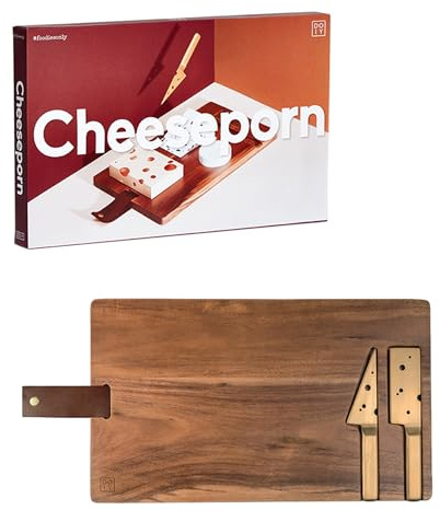 Doiy - Tabla de Cortar y Servir - Tabla de Madera para Quesos - Diseño Inspirado en Queso Gruyère - Incluye 2 Cuchillos para Cortar - Accesorios de Cocina Originales - Tabla de Cocina - 35x21x1,5 cm