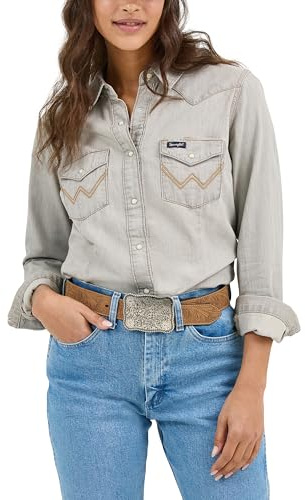 Wrangler Womens Long Sleeve Western Snap Work Shirt Blouse, Gray, Small US