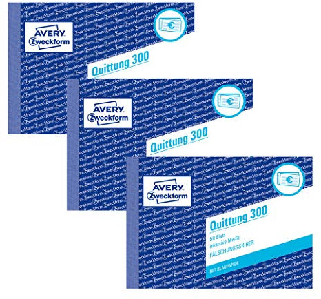 AVERY Zweckform 300 Quittung inkl. MwSt. (A6 quer, mit 1 Blatt Blaupapier, 50 Blatt) (3 Stück, Weiß)