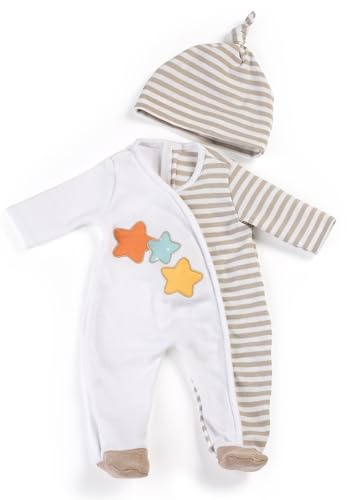 Miniland Ropa para muñecos de 40cm, Pijama para Muñecas, Accesorios Muñecos Conjunto con Vestido y Gorro, Color Neutros, Diseño Bonito