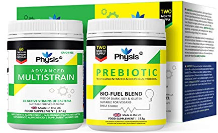 Physis Advanced Multistrains and Prebiotic Bio Cultures Value | 60 Capsules Each | Bloated Stomach Relief Tablets | Dairy Free Probiotics Treatment for Digestion | Prebiotics & Probiotics for Adults