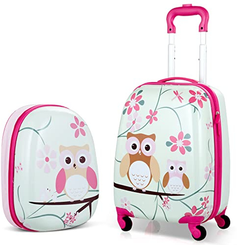 BABY JOY 2 PC Kids Luggage, 16 Toddlers Carry-on Suitcase & 12” Backpack Set, Children Travelling Case w/ 4 Casters & Retractable Handle, Lightweight Trolley Case for Boys & Girls (Owl)