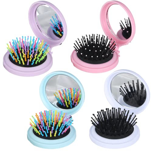 KAIRUIERD 4 Pack Folding Travel Mirror Hair Brushes Round Pocket Hair Brush Mini Round Folding Comb,Pocket Comb Folding Mirror for Travel Women and Girls