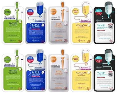 Grehge heet Mask Bundle N.M.F Aquaring Ampoule + Collagen Impact + Teatree Care + E.G.T Timetox Ampoule EX + W.H.P White Hydrating Black EX, 2pcs Each, 5 Different Masks, Totally 10 Sheets