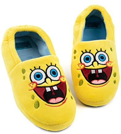 SPONGEBOB SQUAREPANTS Pantuflas para niños | Niños Niñas Personaje Animado Cara Amarillo Azul Elástico Soporte De Talón Deslizadores De Casa