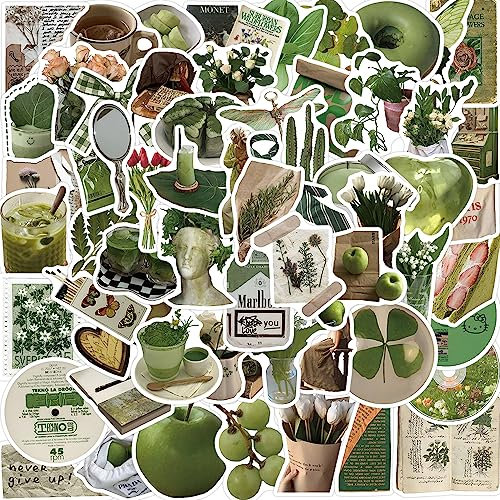 PRETTY SUNSHINE Grün Aufkleber 60 Stück, Aesthetic Vintage Sticker Set für Laptop Skateboard Koffer Auto Fahrrad Helm Motorrad Wasserfest Graffiti Sticker
