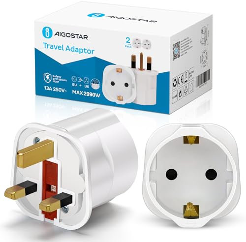 Aigostar 2 Pack EU to UK Adapter - Euro Schuko 2 Pin to 3 Pin Adapter Plug, Travel Adaptor from France Italy Spain Germany to UK