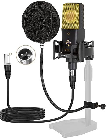 PROAR XLR Podcast Microphone Professional Cardioid Studio Condenser Microphone 25mm Large Diaphragm Computer PC Gaming Mic Kit with Upgrade Pop Filter for Vocal Recording,Streaming,YouTube C414