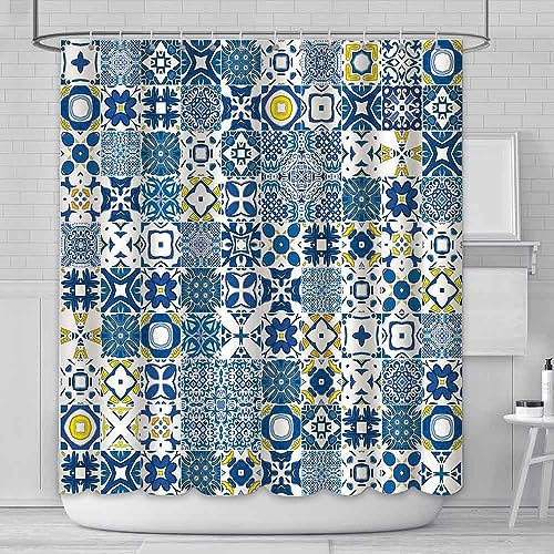 AIBIIN 180 x 180 cm Duschvorhang Blaue und gelbe Fliesen, Moderne Retro-Texturen, marokkanisches Mosaik, portugiesisches Mittelmeer, Duschvorhänge für Badezimmer, strapazierfähiges