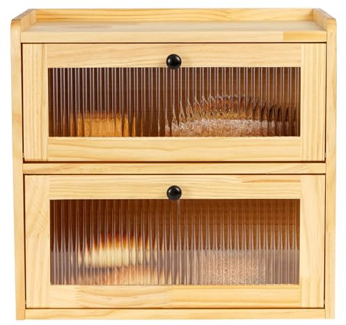 GUUSII HOME Brotkasten Groß Brotbox Küche Holz Gross Brotaufbewahrung 2 Etagen Brotkästen XL 36x24x34cm Beste Aufbewahrung für Brot mit Magnetisch Acryltür Bread Bin (hellgelb)