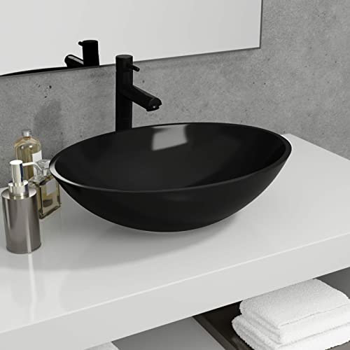ZEYUAN Lavabo de Vidrio, Lavabo sobre Encimera, Lavamanos para Baños, Lavabo Baño, Mueble Lavabo, Muebles De Baño, Negro 50x37x14 cm