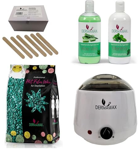 Dermawax Profi Waxing Set zur Haarentfernung 1000 ml Wachswärmer Made in Spanien 1 kg Azulen Wachsperlen 500 ml Aloe Vera Vorbehandlungslotion 500 ml Menthol Nachbehandlungsmilch 200 Stück Holzspatel