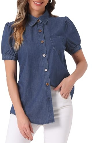 Allegra K Camicia di Jeans da Donna con Colletto E Maniche Corte A Sbuffo, Tasca sul Petto con Bottoni Blu Navy S